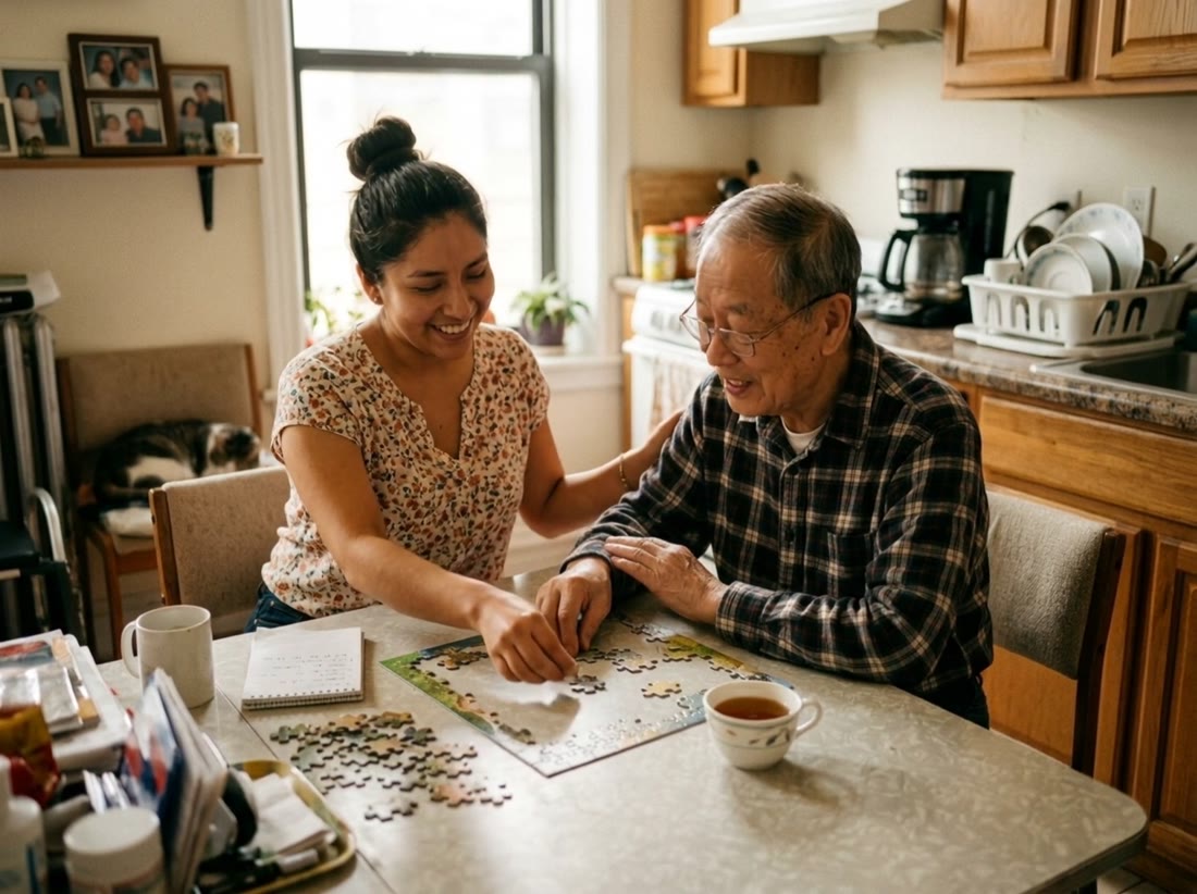 A caregiver doing a puzzle with a senior at home