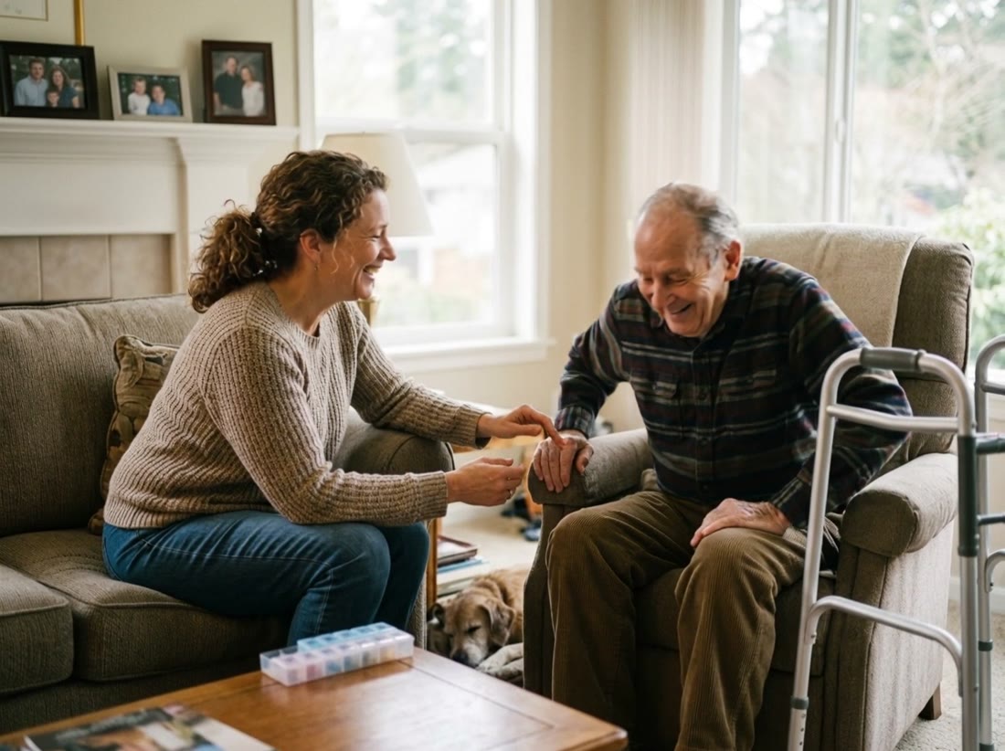 A caregiver sharing a warm moment with a senior at home